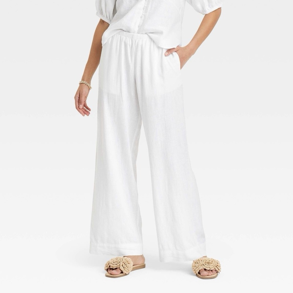 Womens Mid Rise Wide Leg Linen Pull On Pants A New Day Ivory Drawstring XXL